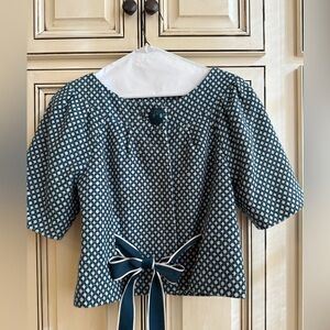 Elevenses Teal and White Patterned Tea Jacket—Anthropologie brand